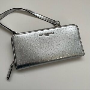 Karl Lagerfeld Metallic Crossbody Wristlet Purse Bag Wallet Silver Eiffel Tower
